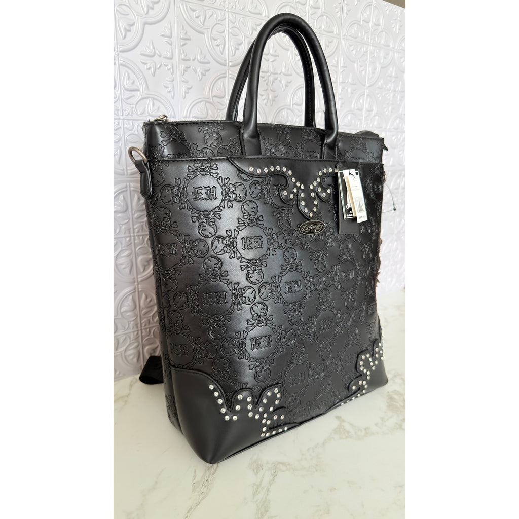 Ed Hardy Embossed Skull Studded Convertible Backpack Tote Handbag Black NWT