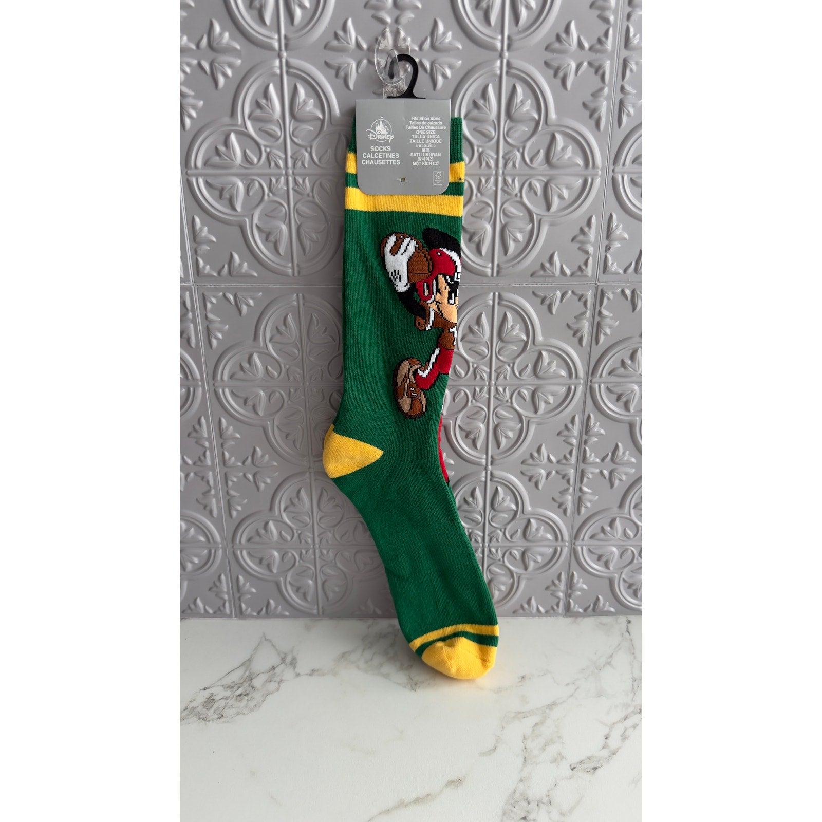 Disney Parks Goofy Pluto Football Crew Socks Adult One Size Green Gold NWT
