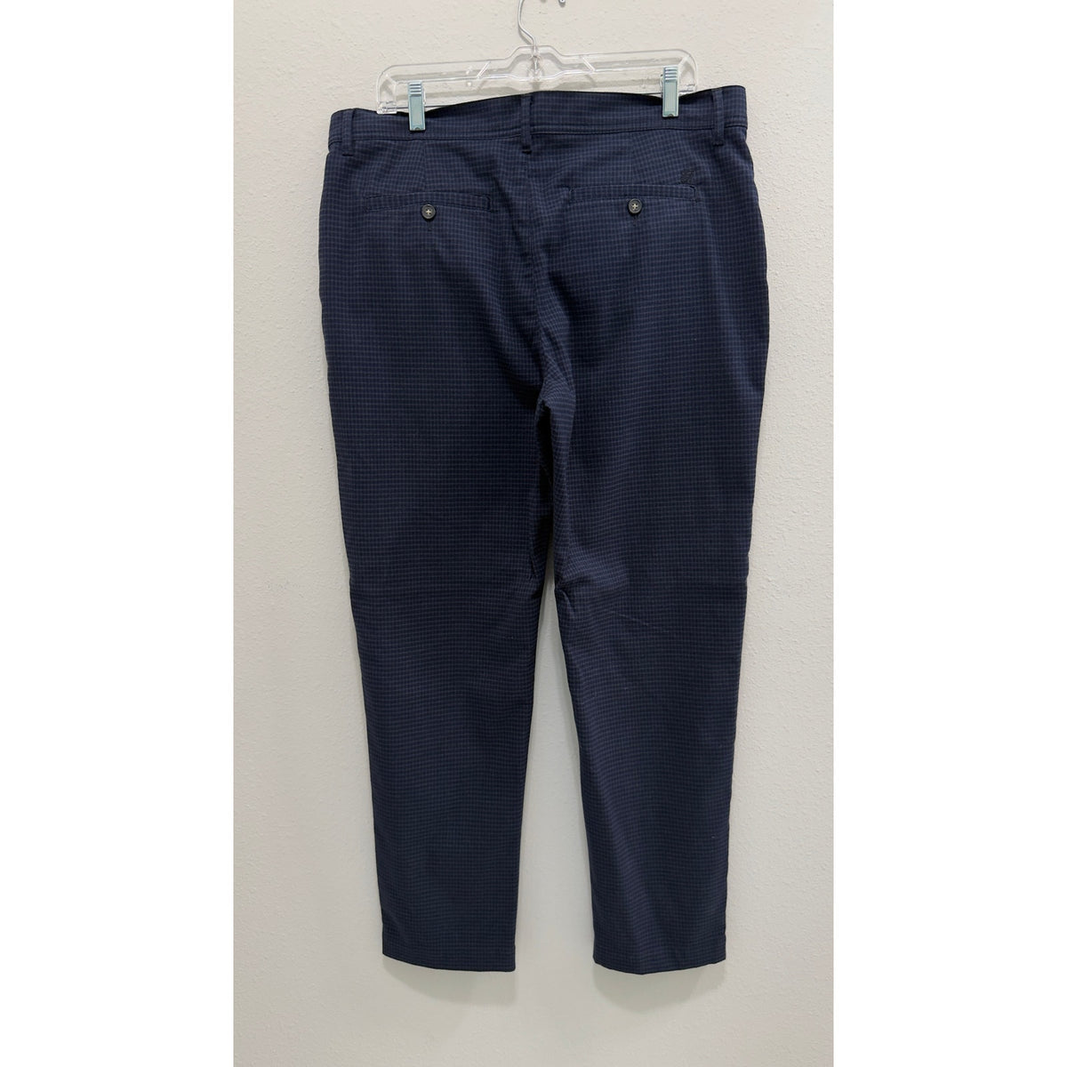 Mens Navy Blue Micro Check Plaid Trousers Dress Pants 36x32 Stretch Chino Slacks