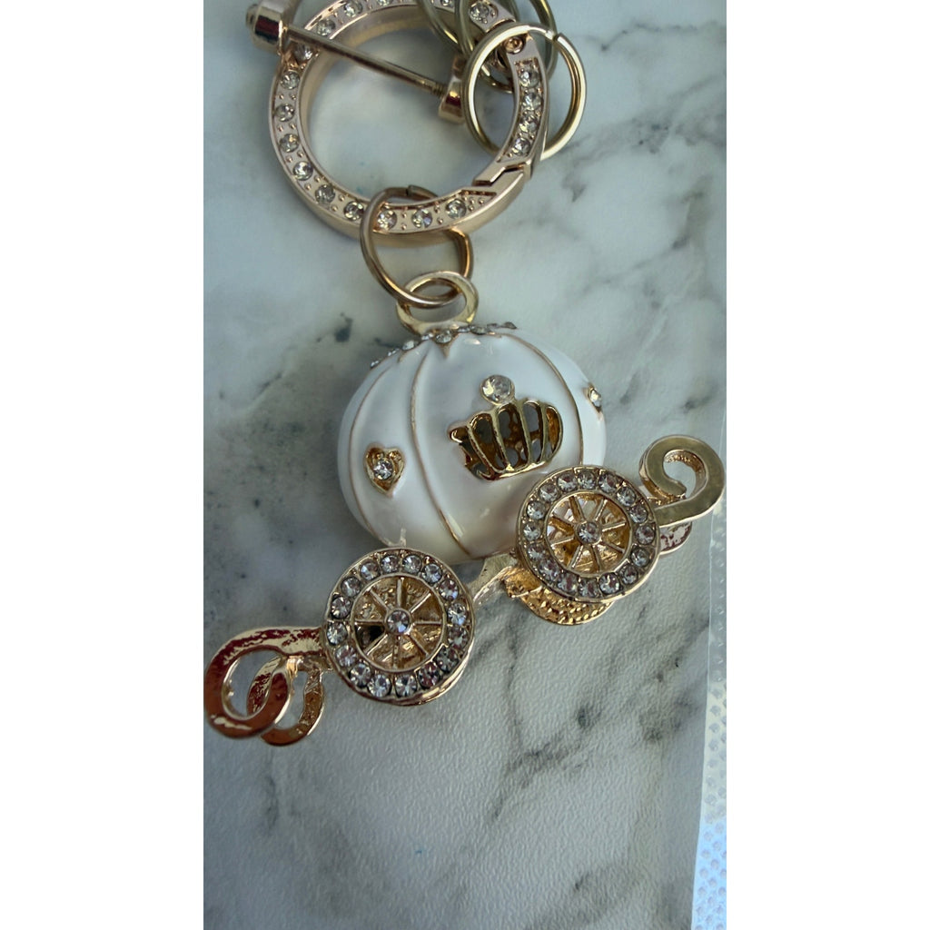 Rhinestone White Pumpkin Carriage Keychain Custom Phone Number Tag Charm Set NEW