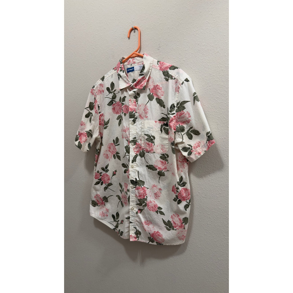 Old Navy Men’s Everyday Shirt Pink Rose Floral Button Down Flex Cream Large