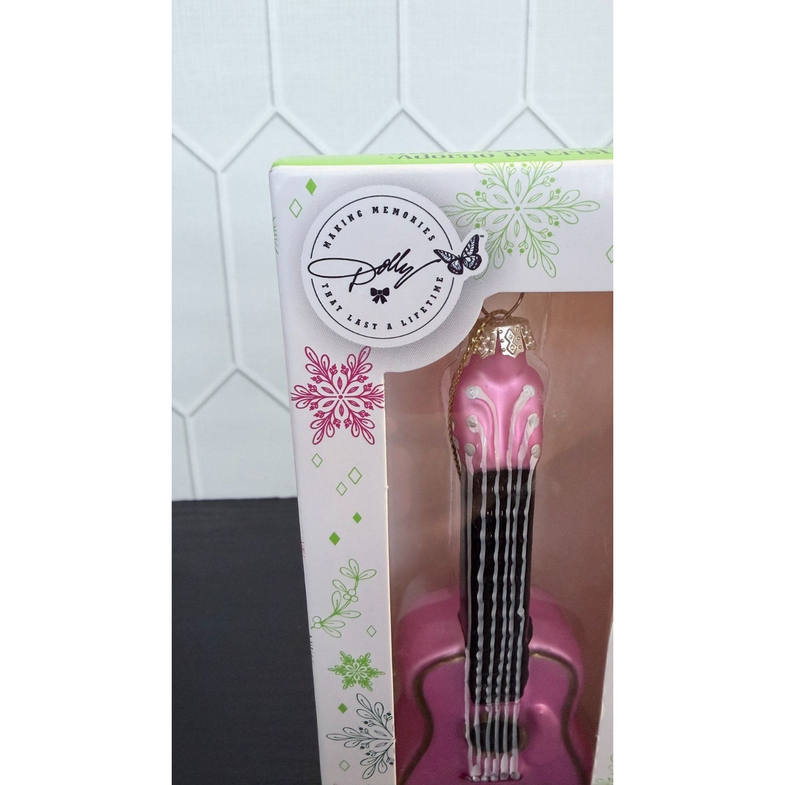 NIB Dolly Parton Pink Guitar Holiday Glass Ornament