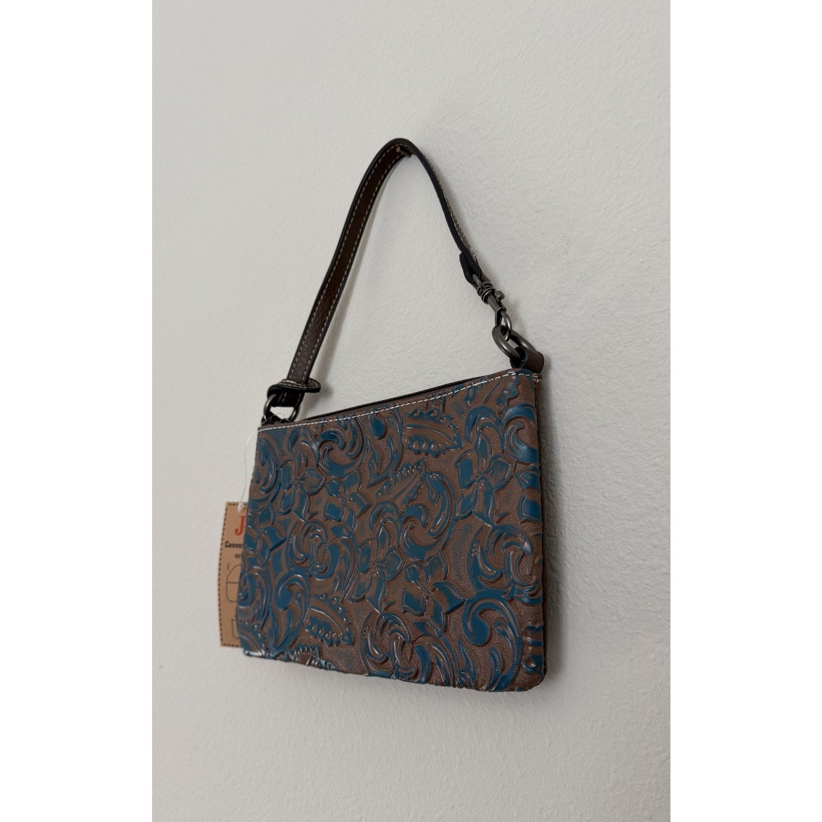 Justin Boots Embossed Convertible Wristlet Blue/Brown NEW