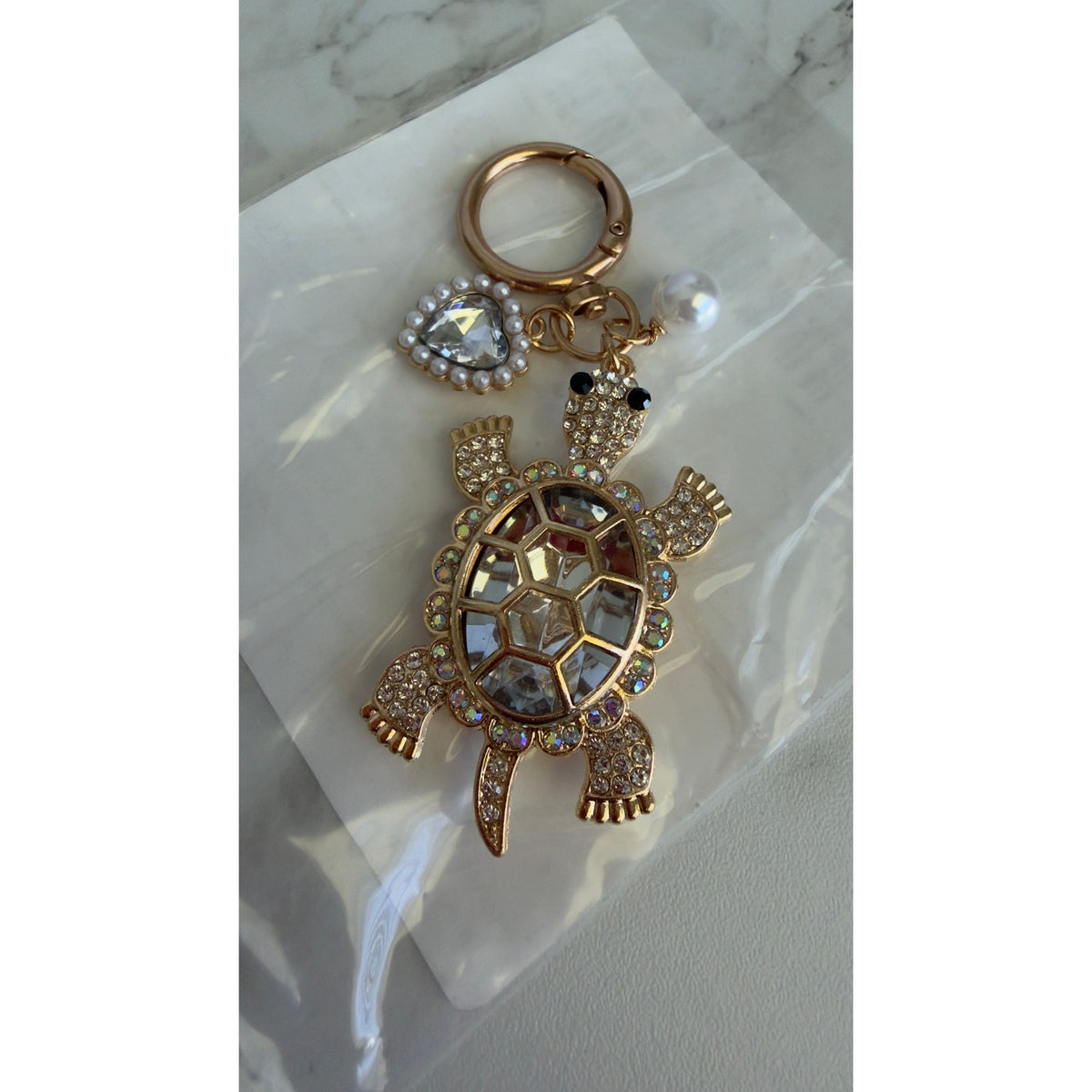 Ocean Style Gold Rhinestone Sea Turtle Keychain Bag Charm Heart & Pearl NEW