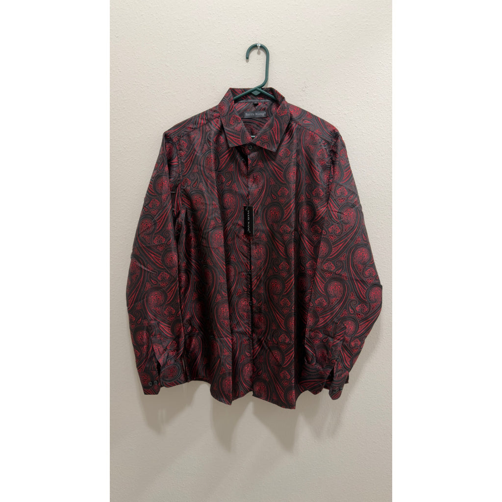 Barry.Wang Men's Luxury Paisley Silk Button Down Shirt Burgundy Black L NWT