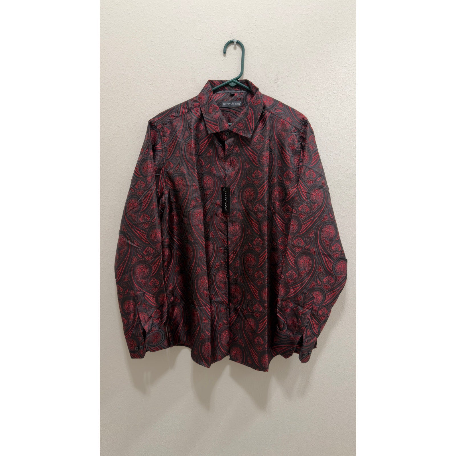 Barry.Wang Men's Luxury Paisley Silk Button Down Shirt Burgundy Black L NWT