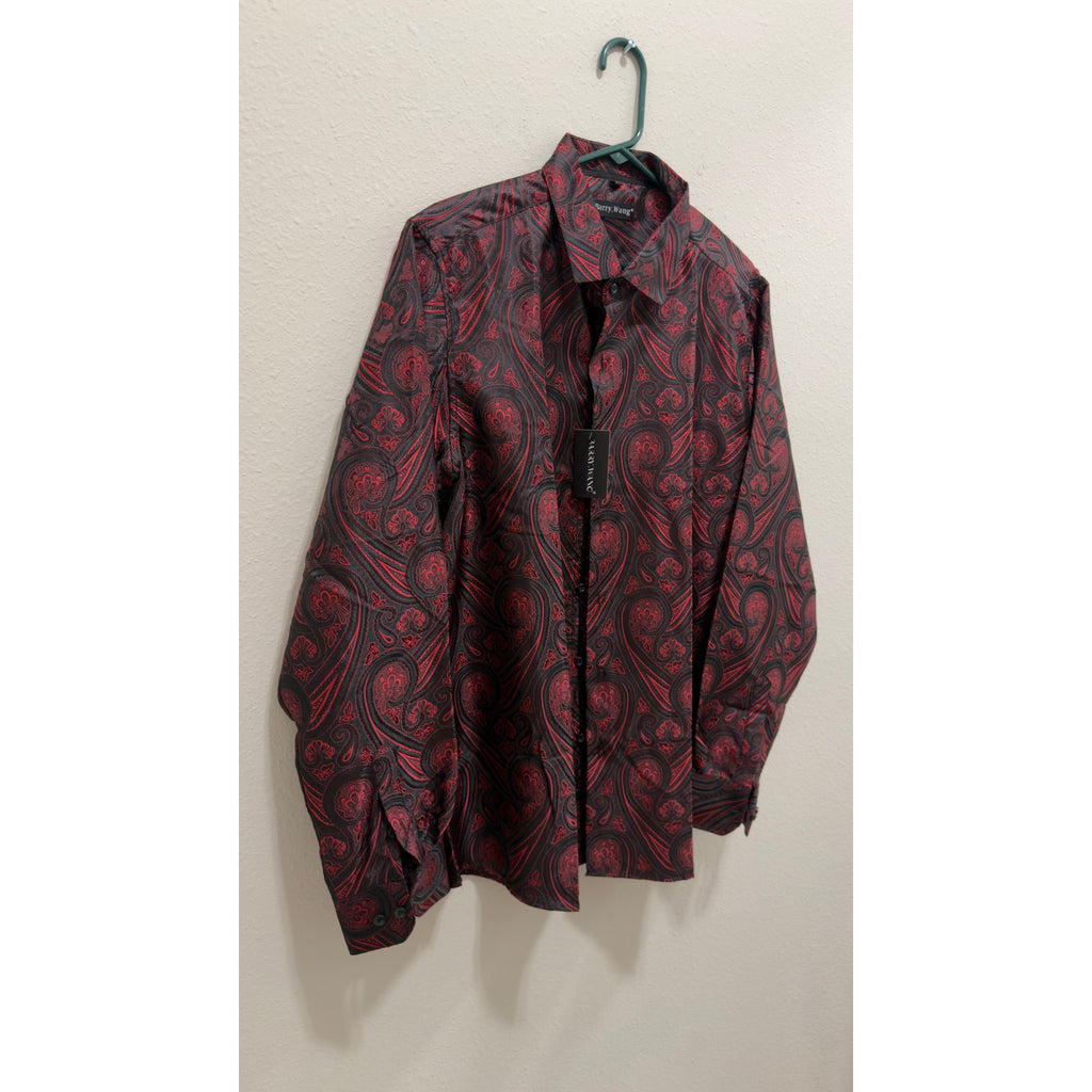 Barry.Wang Men's Luxury Paisley Silk Button Down Shirt Burgundy Black L NWT