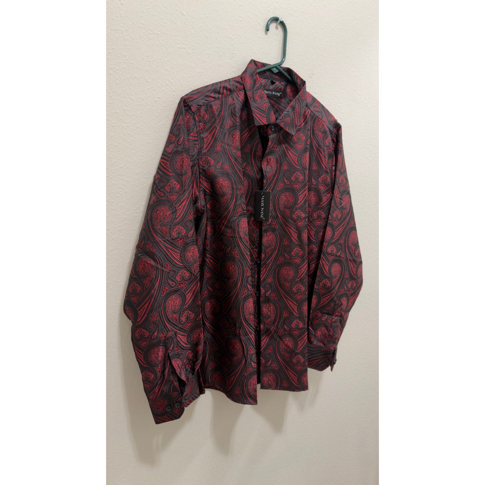 Barry.Wang Men's Luxury Paisley Silk Button Down Shirt Burgundy Black L NWT