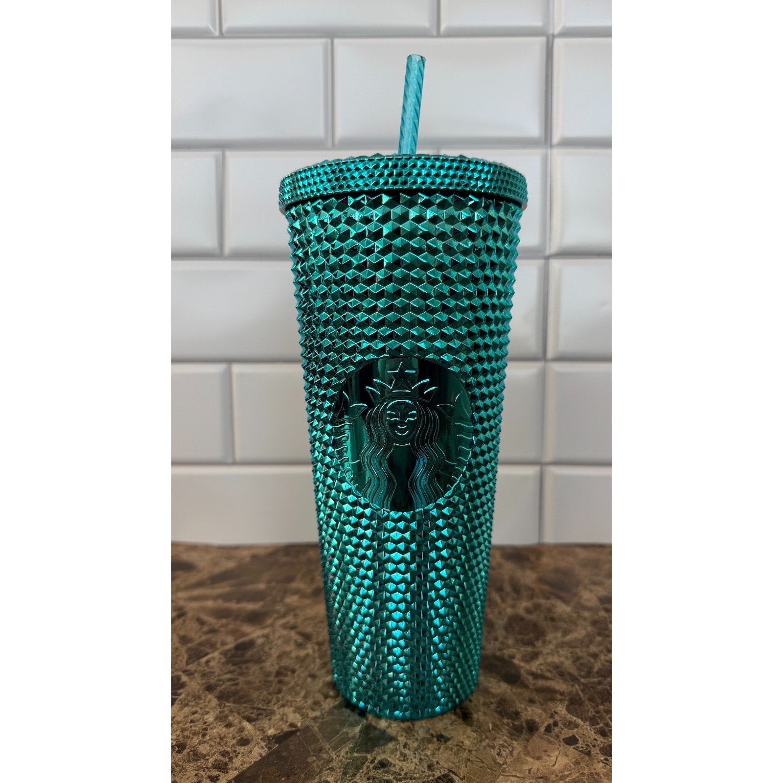 NWT Starbucks Metallic Chrome Teal Blue Studded 24oz Tumbler & Ornament