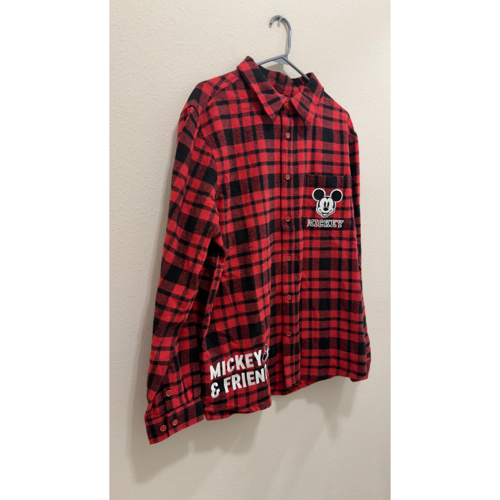 Disney Adult Mickey and Friends Red Plaid Flannel Button Down NWT Large