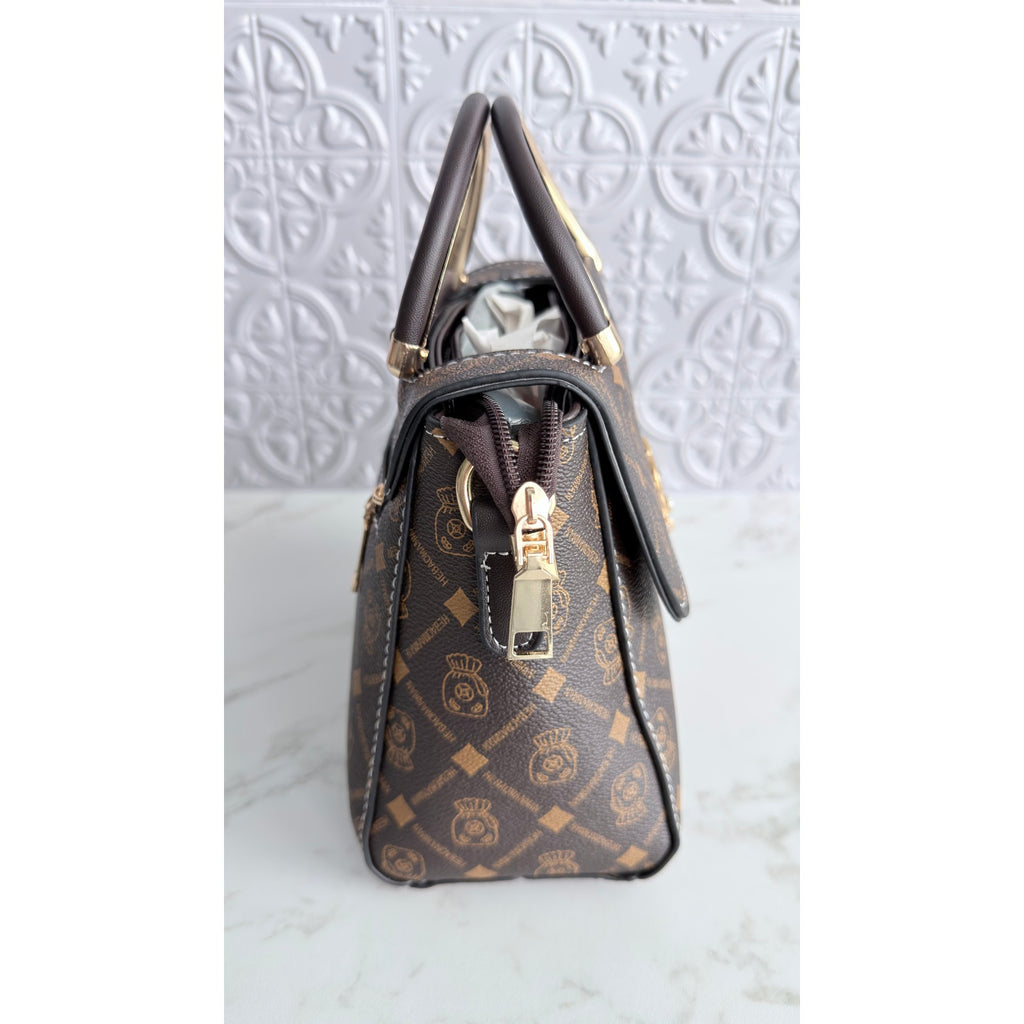 Mickey Mouse Charm Satchel Bag Women’s Tote Handbag Brown Gold NWT