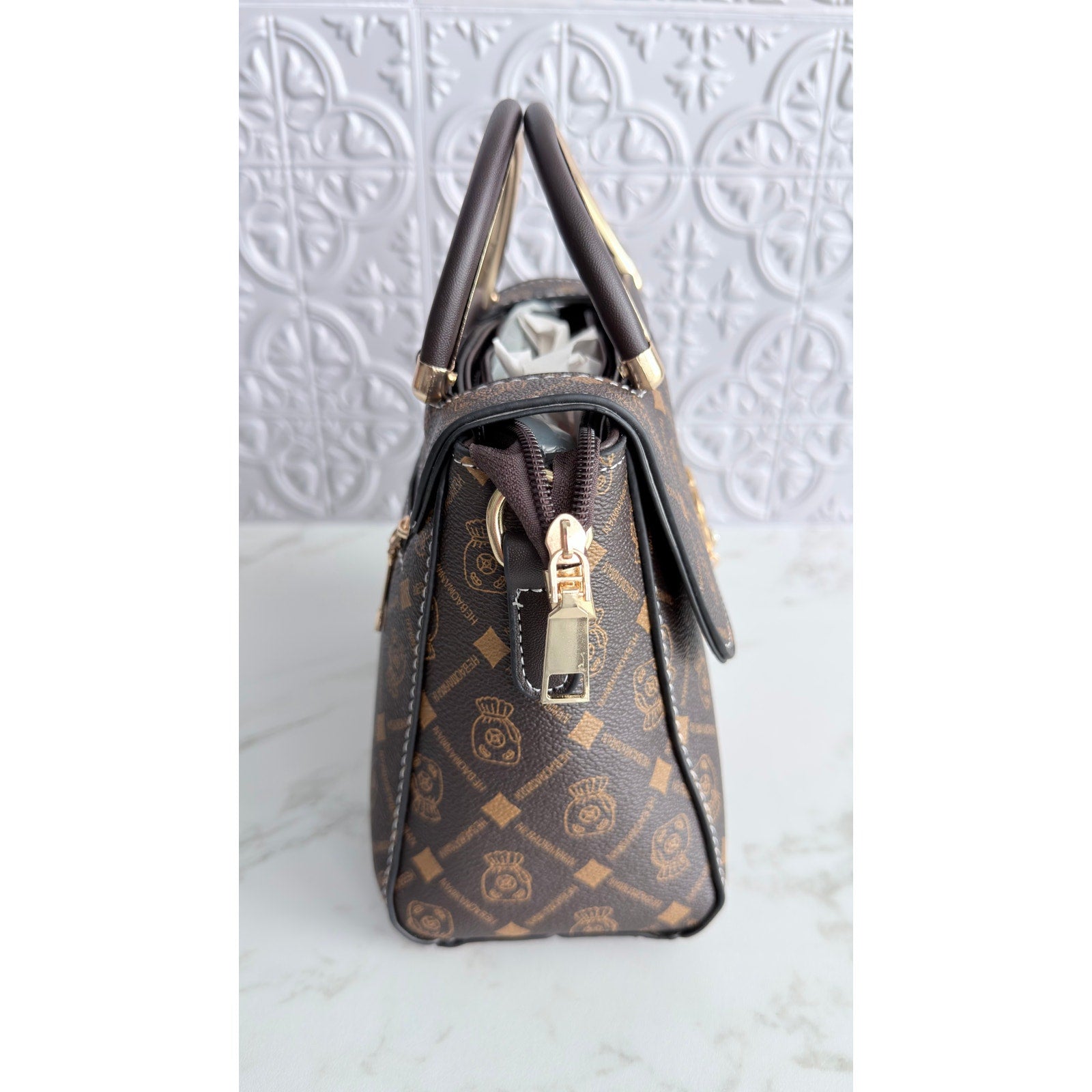 Mickey Mouse Charm Satchel Bag Women’s Tote Handbag Brown Gold NWT