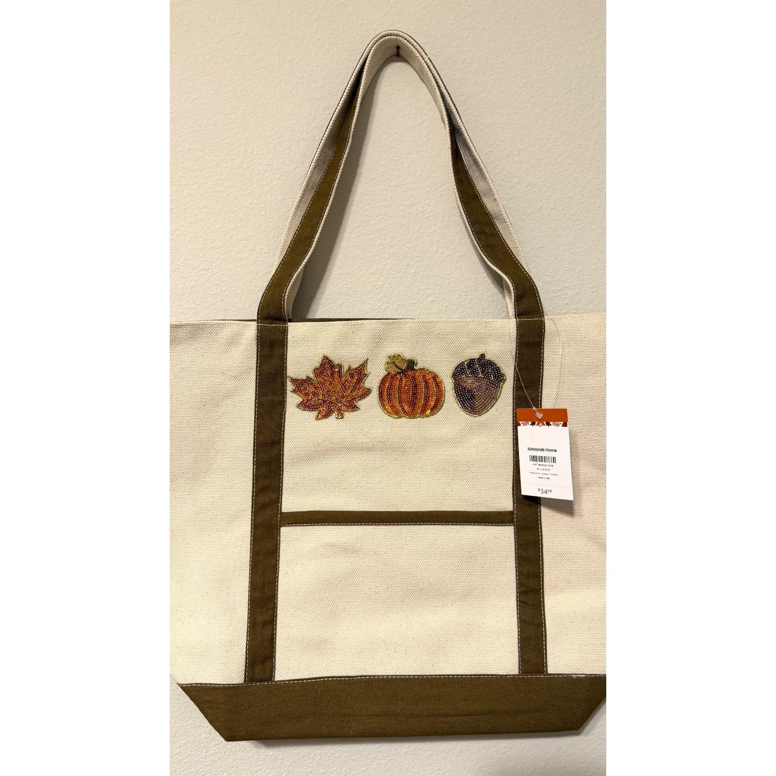 NWT Kirkland's Home Fall Mocha Canvas Tote Bag Sequin Appliques Zip Top