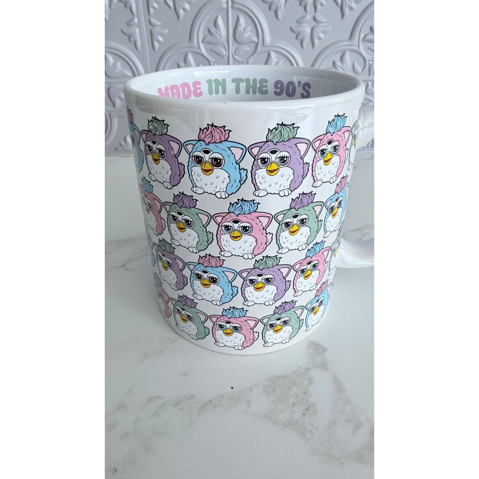 Furby Pastel Pattern Ceramic Mug 20 oz Made In The 90s Retro Hasbro NEW