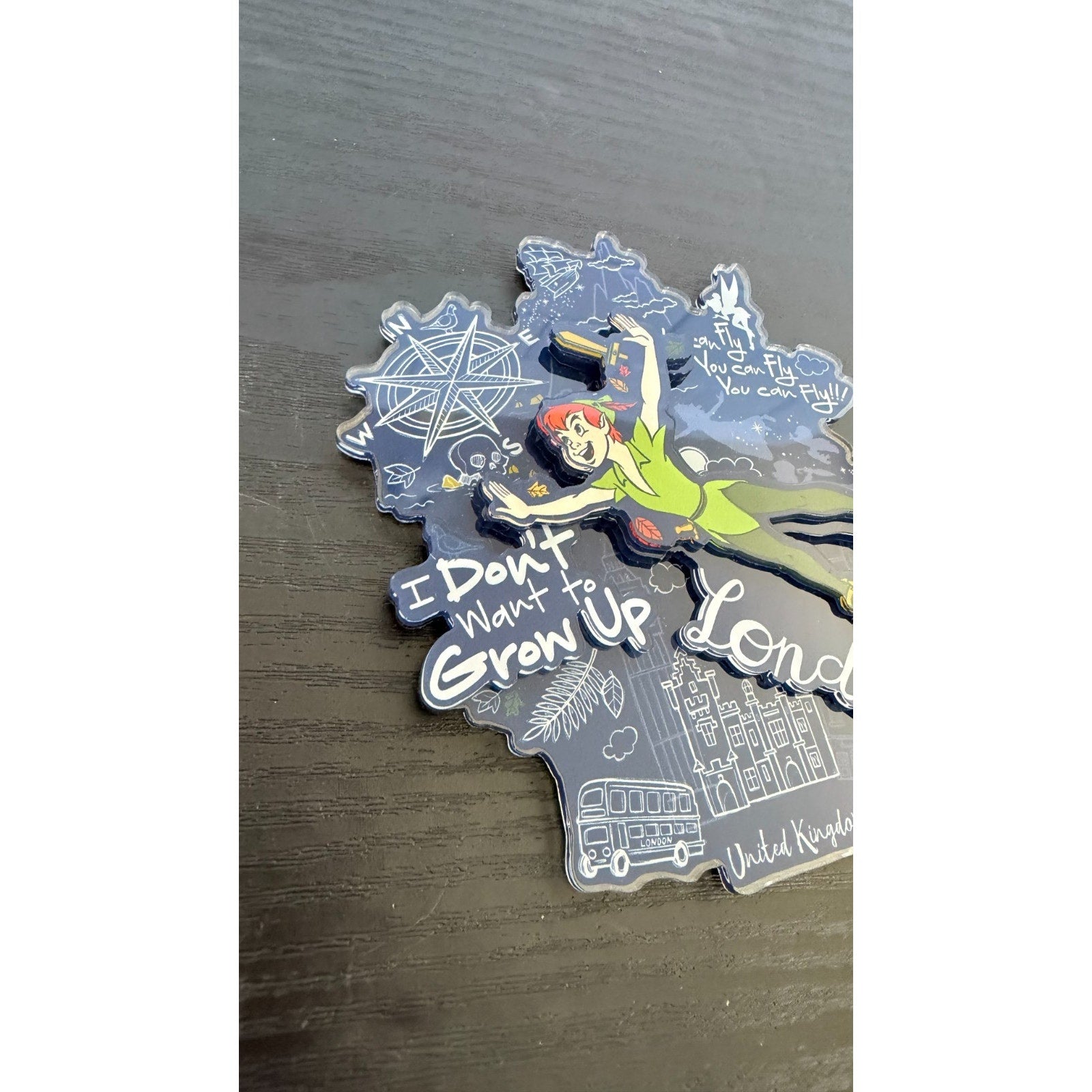 NWT Disney Parks Peter Pan Never Grow Up Acrylic Magnet - Epcot UK Pavilion