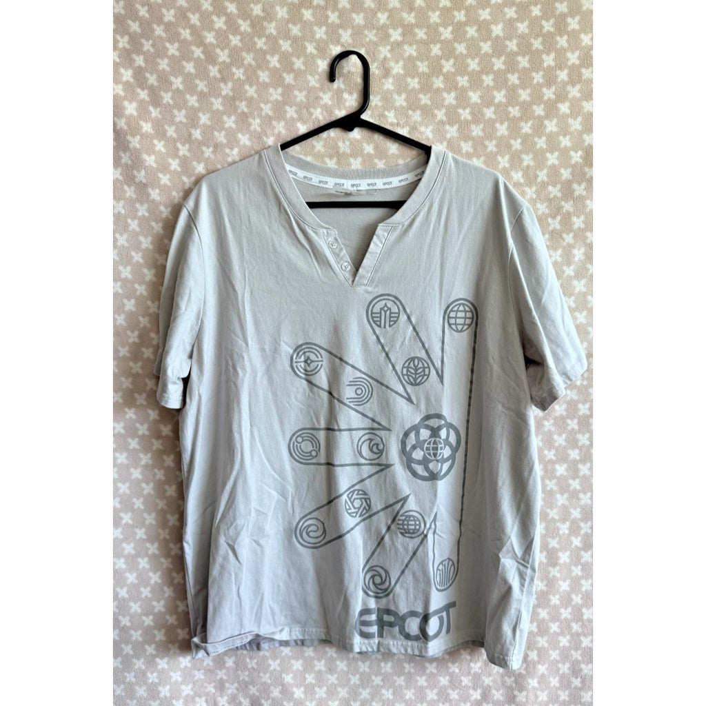 NWT Disney Parks Epcot Center Logo Tee Shirt Gray Two Button V-Neck Adult XL