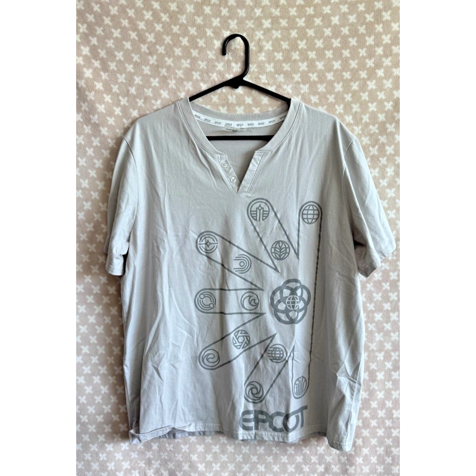 NWT Disney Parks Epcot Center Logo Tee Shirt Gray Two Button V-Neck Adult XL