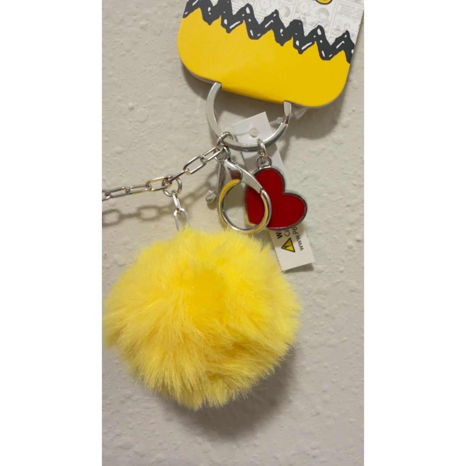 NWT Peanuts Snoopy & Woodstock Yellow Pom Pom Heart Bag Tag Keychain
