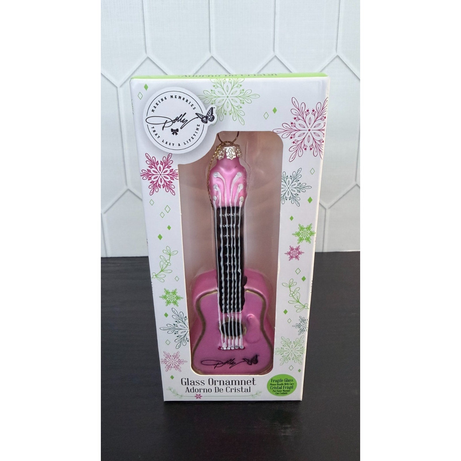 NIB Dolly Parton Pink Guitar Holiday Glass Ornament