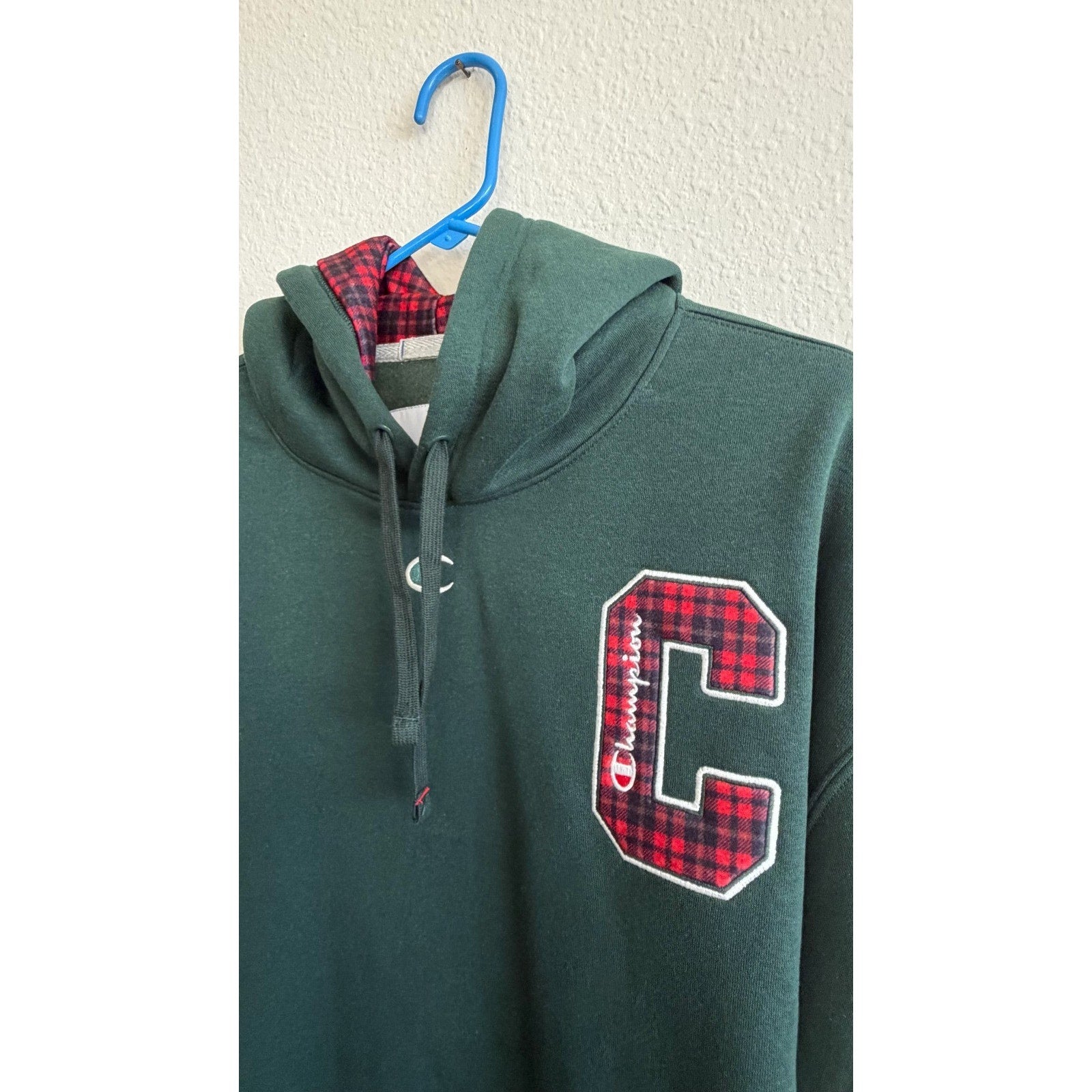 NEW Champion Men’s Plaid C Logo Hoodie - Green Festive Fleece Large