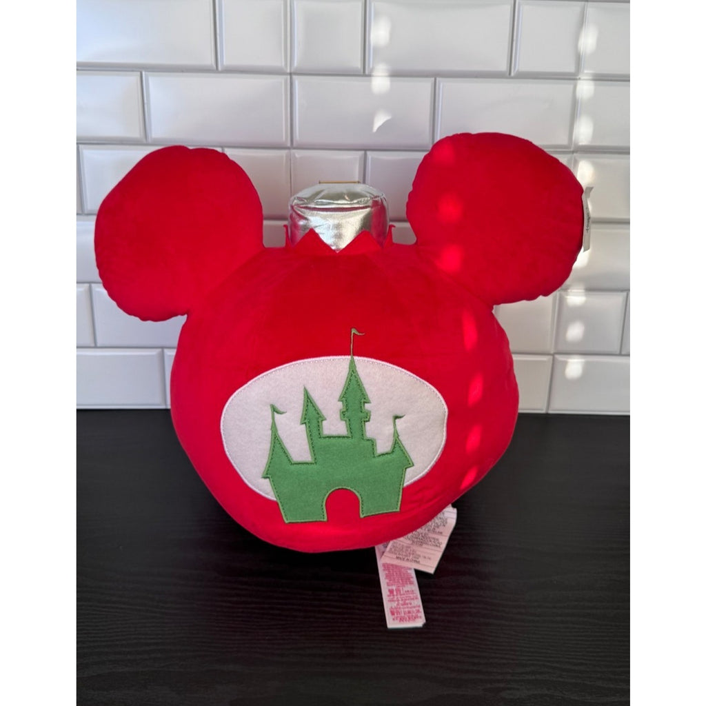 Disney Parks 16" Mickey Ears Ornament Green/Red Plush Pillow Holiday Castle NEW