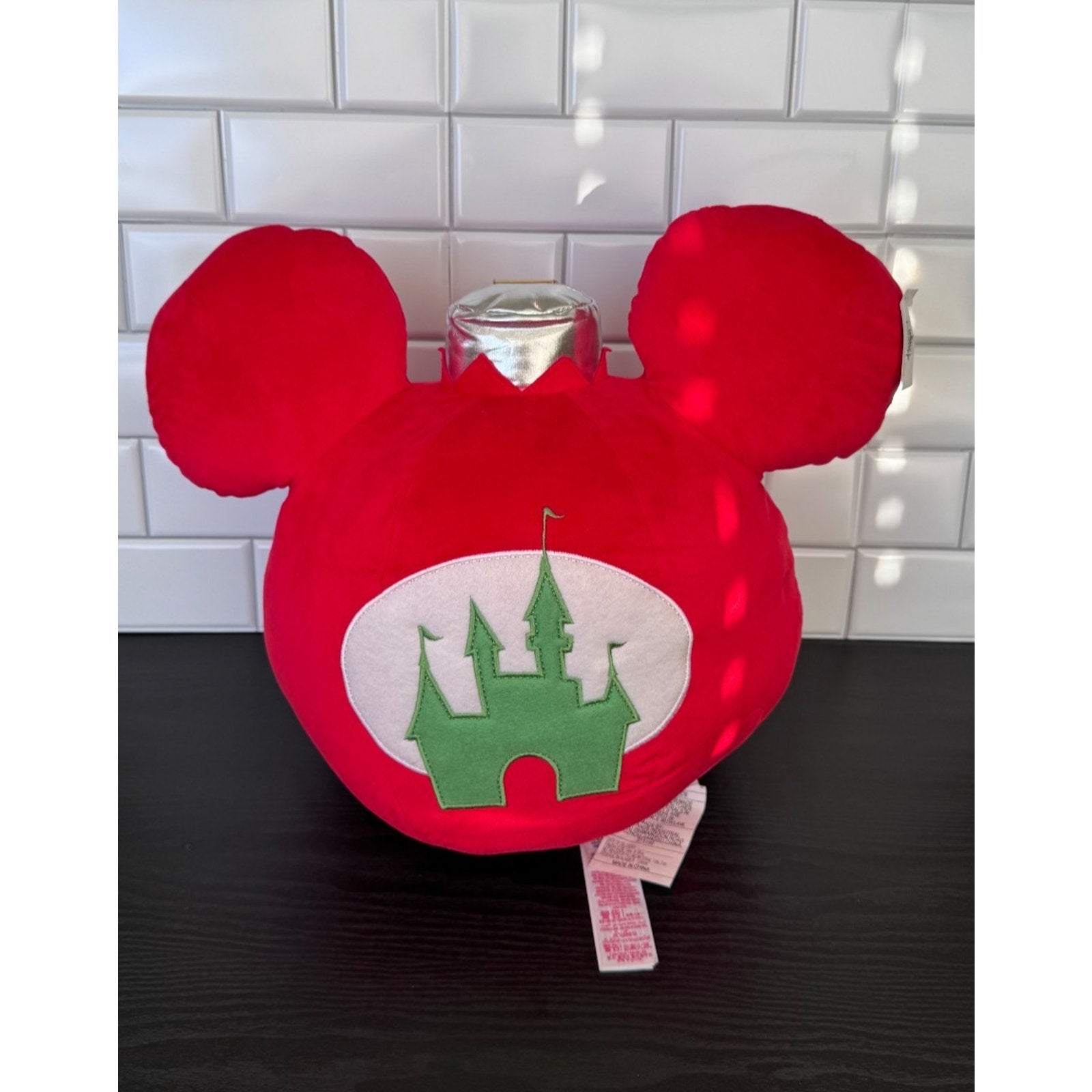 Disney Parks 16" Mickey Ears Ornament Green/Red Plush Pillow Holiday Castle NEW