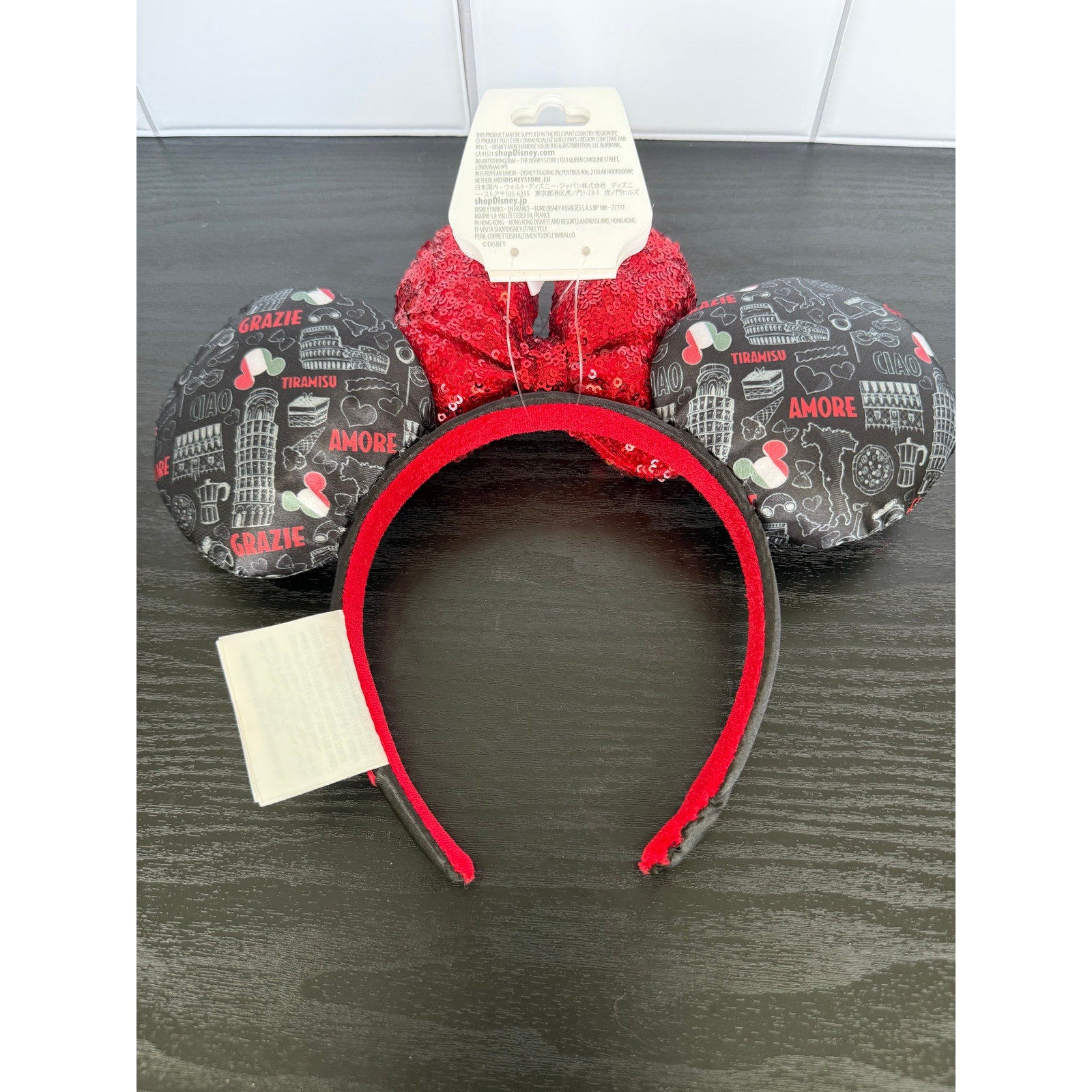 Disney Ear Headband - Epcot Italy Pavilion - Icons Black with Red Bow NWT