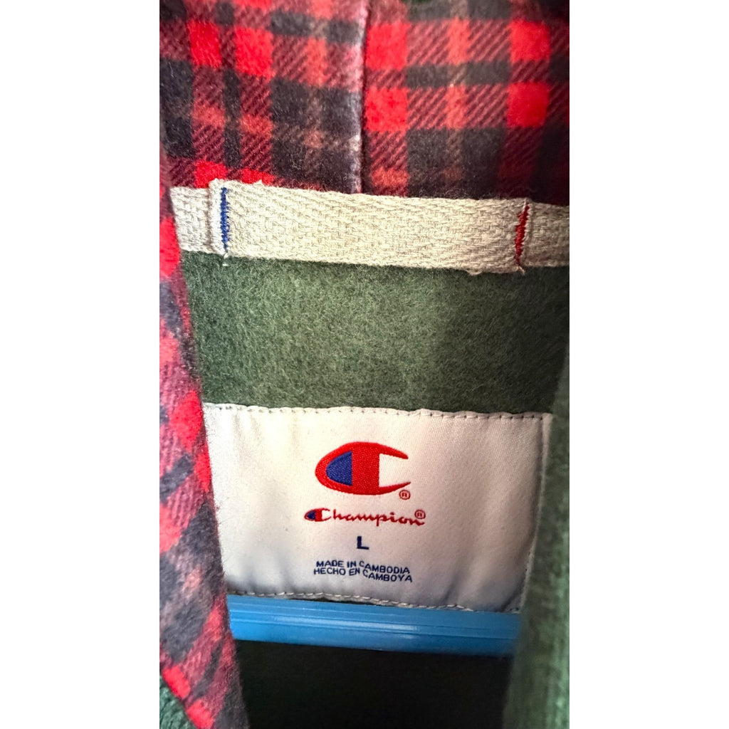 NEW Champion Men’s Plaid C Logo Hoodie - Green Festive Fleece Large