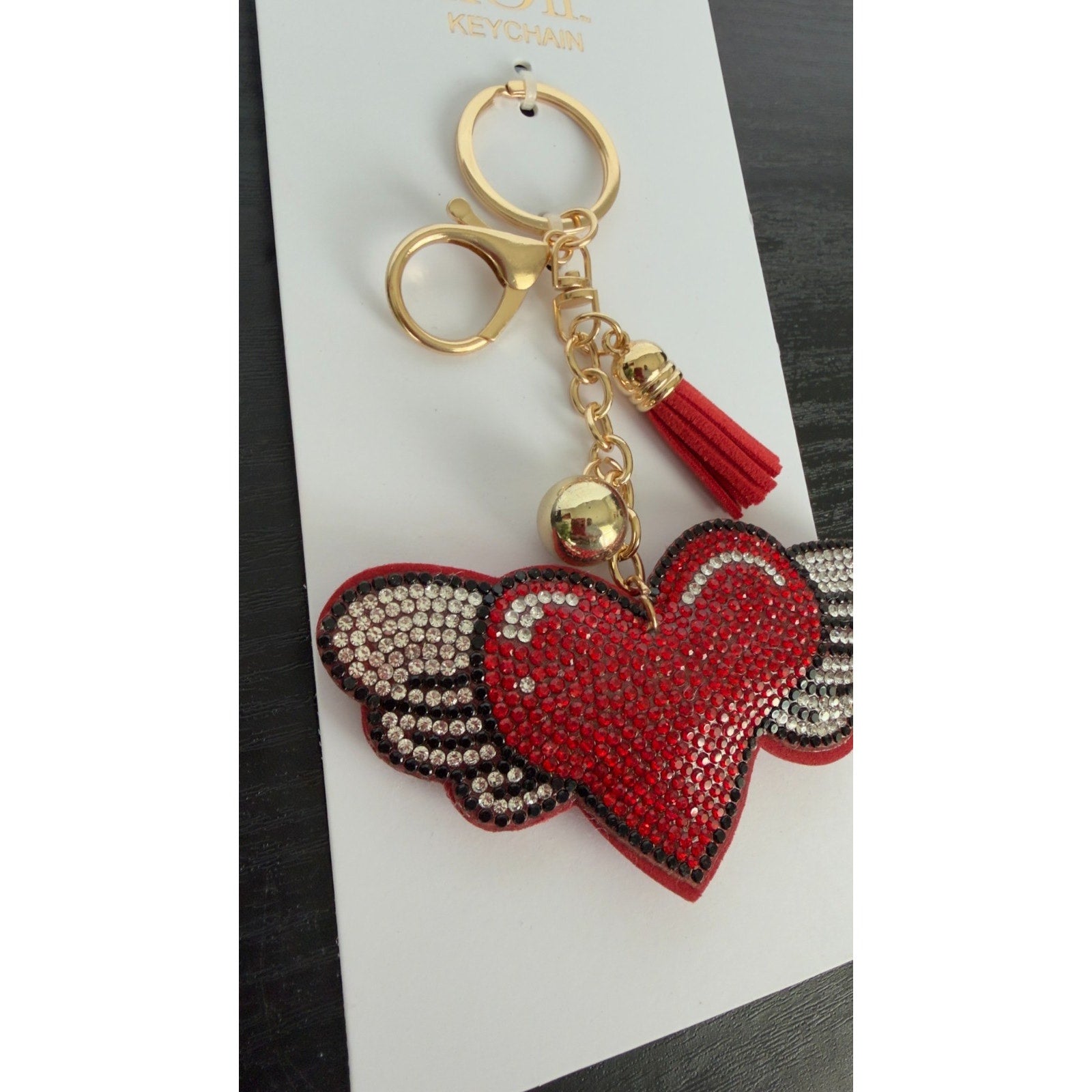 Bling Rhinestone Red Winged Heart Puffy Keychain - Tassel Bag Charm NEW