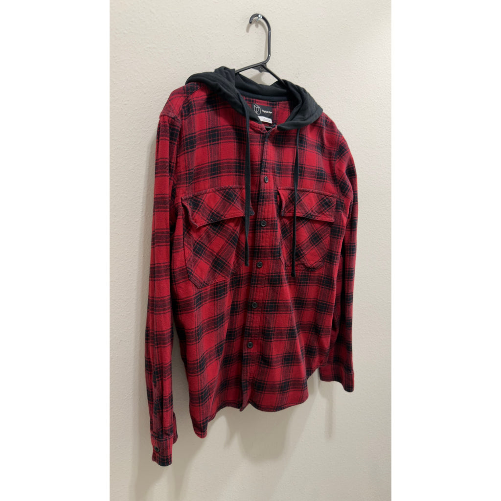 Original Use Mens Red Plaid Hooded Flannel Button Up Large