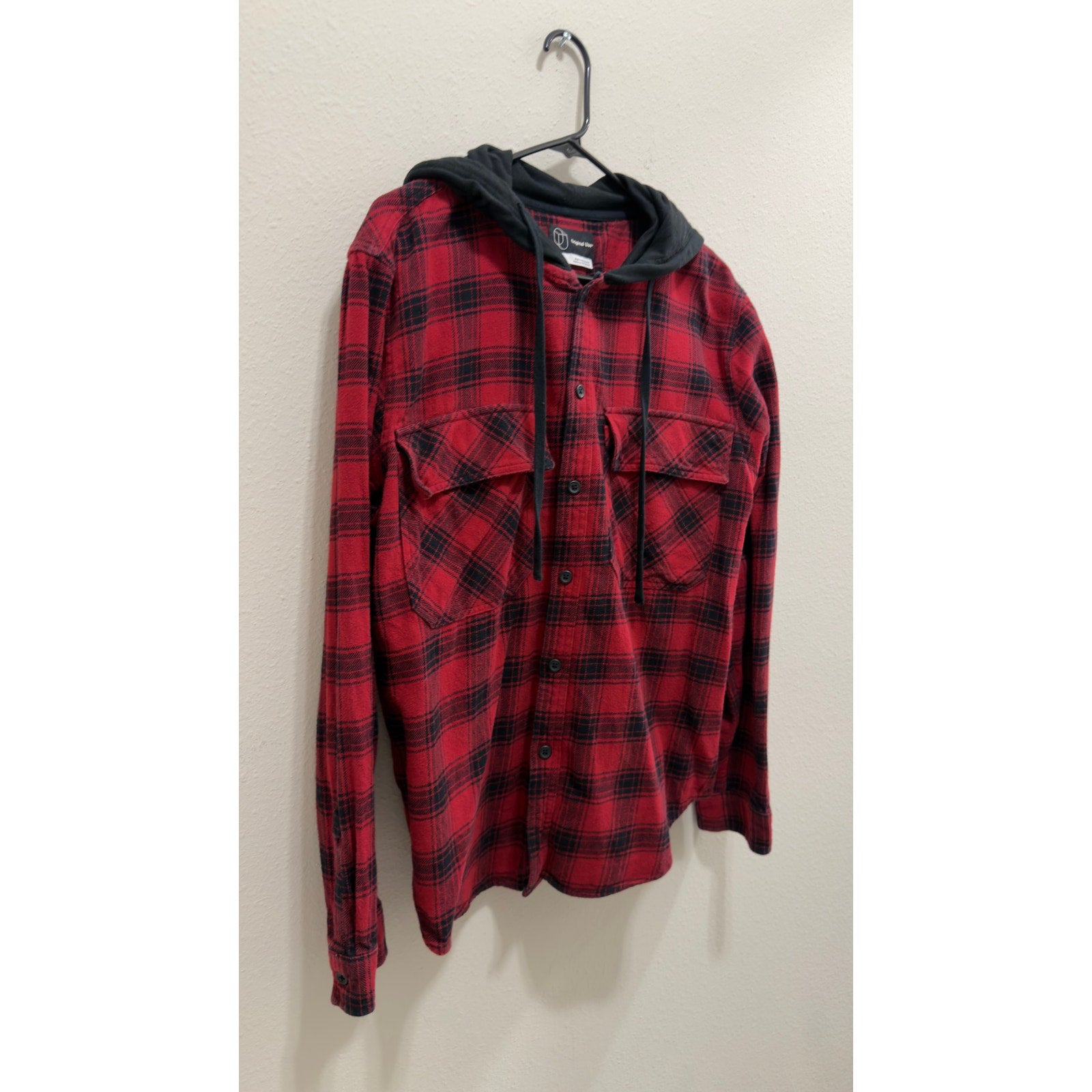 Original Use Mens Red Plaid Hooded Flannel Button Up Large