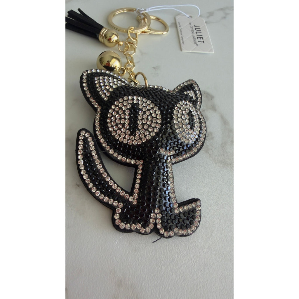 Juliet Crystal Avenue Rhinestone Black Cat Keychain Bag Charm NWT
