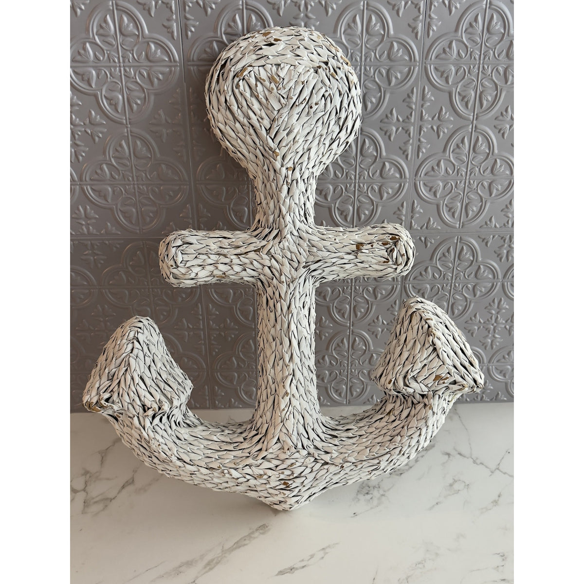 Nautical White Faux Wicker Anchor Wall Hanging Decor Distressed Coastal Beach