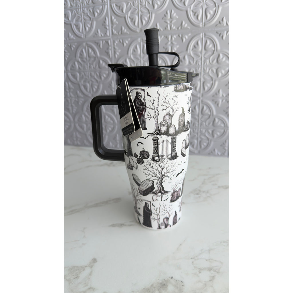 Wellness 30 oz Stainless Steel Tumbler Halloween Graveyard Grim Reaper NWT