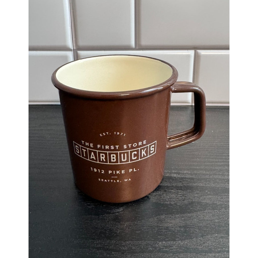 Starbucks First Store Pike Place Seattle Camping Tin Cup Mug Brown Enamel NWOT