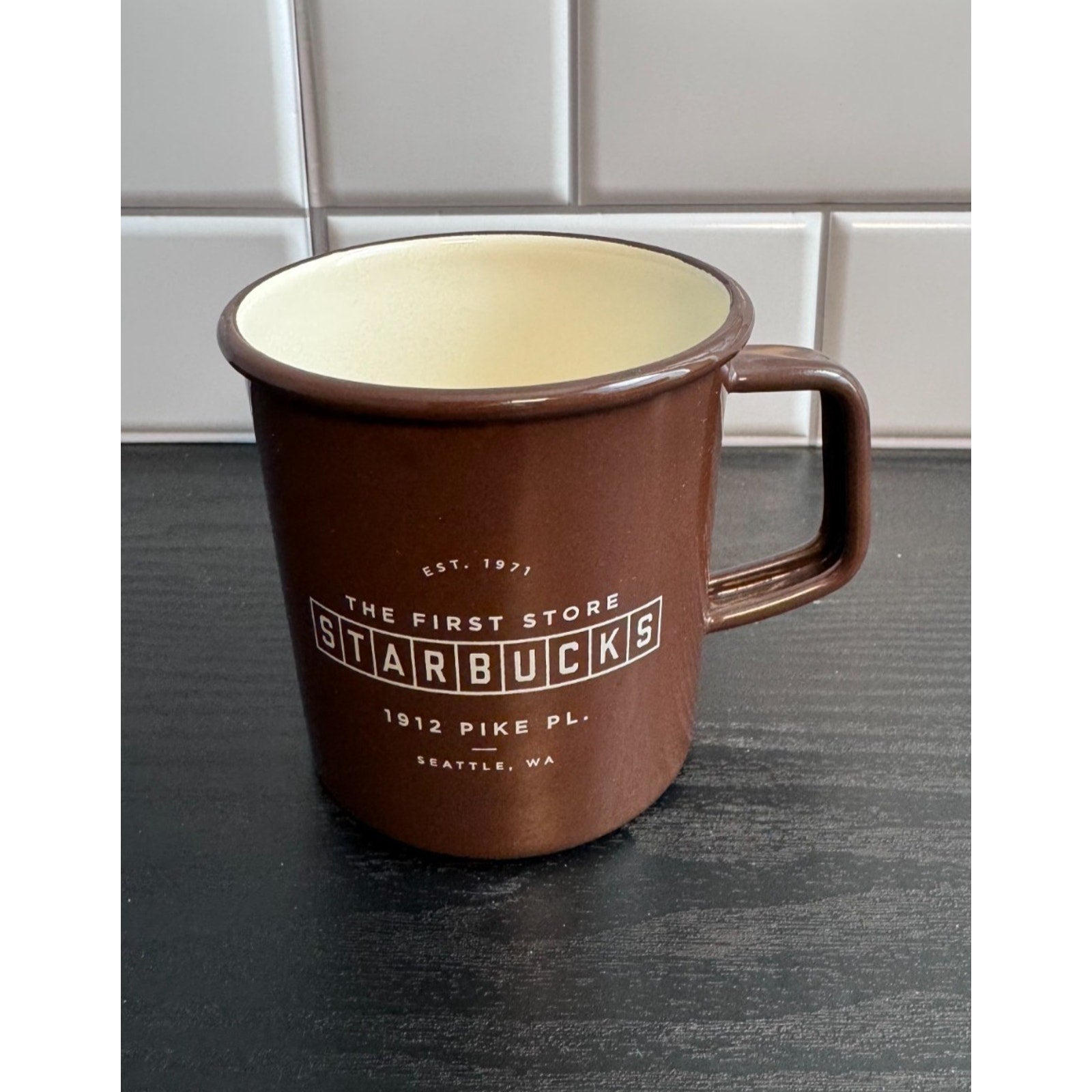 Starbucks First Store Pike Place Seattle Camping Tin Cup Mug Brown Enamel NWOT