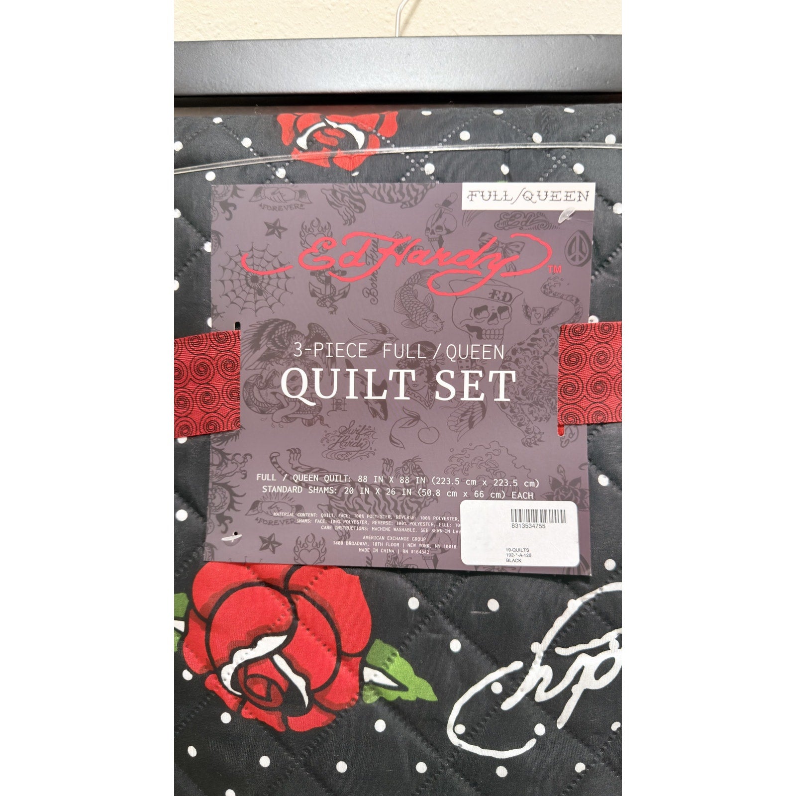 Ed Hardy 3 Piece Full / Queen Quilt Set Red Roses Polka Dot Black NWT