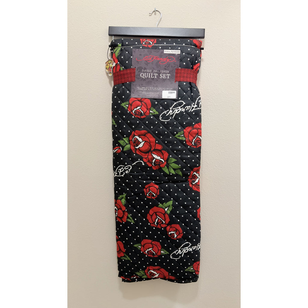Ed Hardy 3 Piece Full / Queen Quilt Set Red Roses Polka Dot Black NWT
