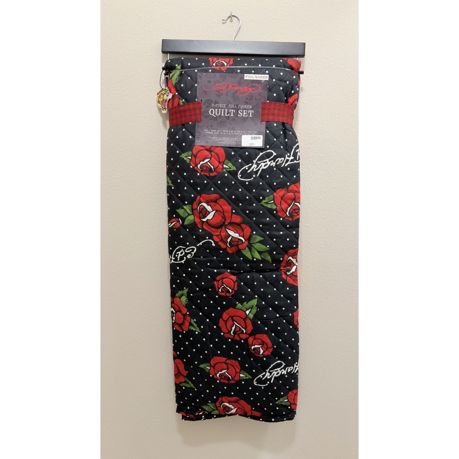 Ed Hardy 3 Piece Full / Queen Quilt Set Red Roses Polka Dot Black NWT