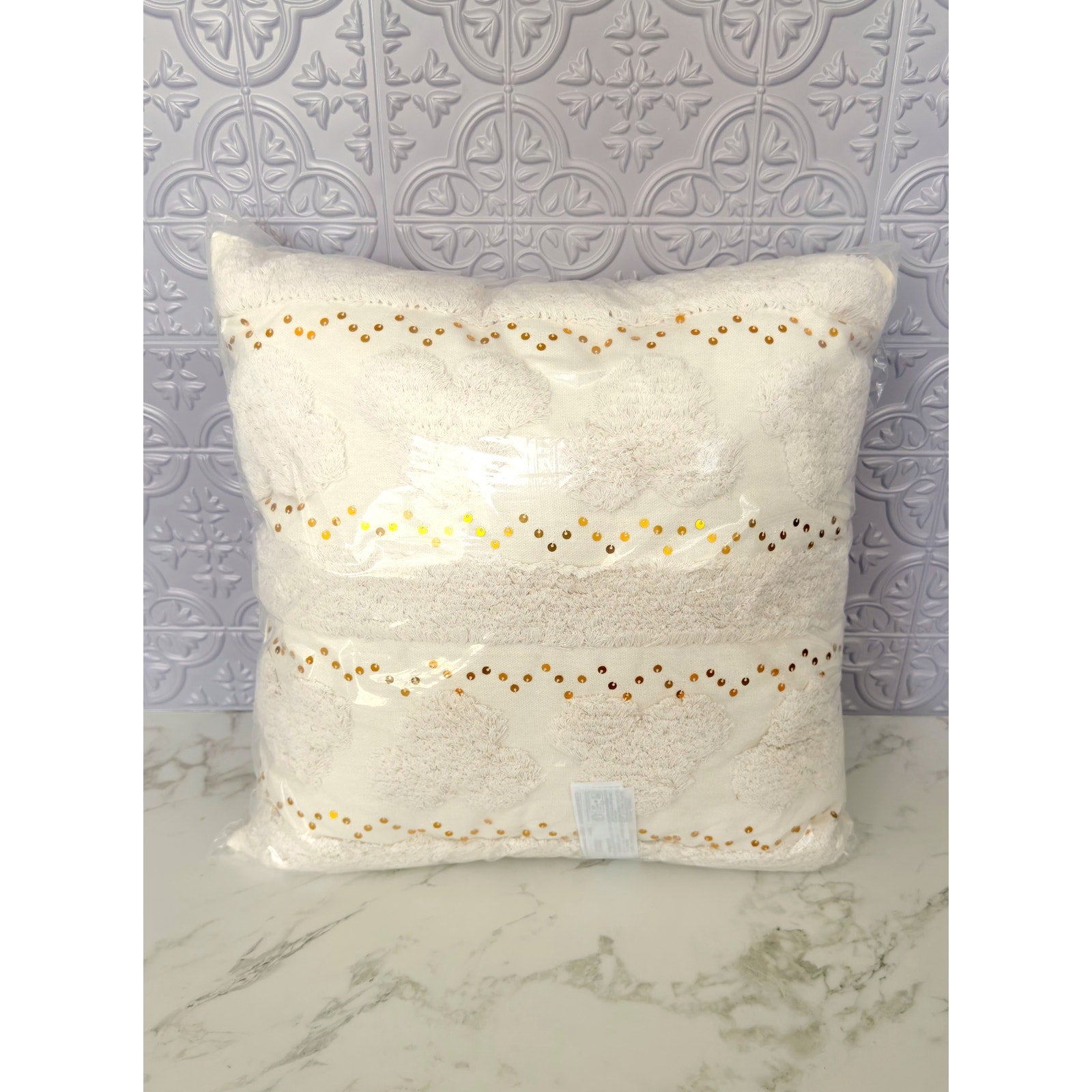 Disney Parks Boho Mickey Mouse Ivory Tufted Sequin Throw Pillow NEW