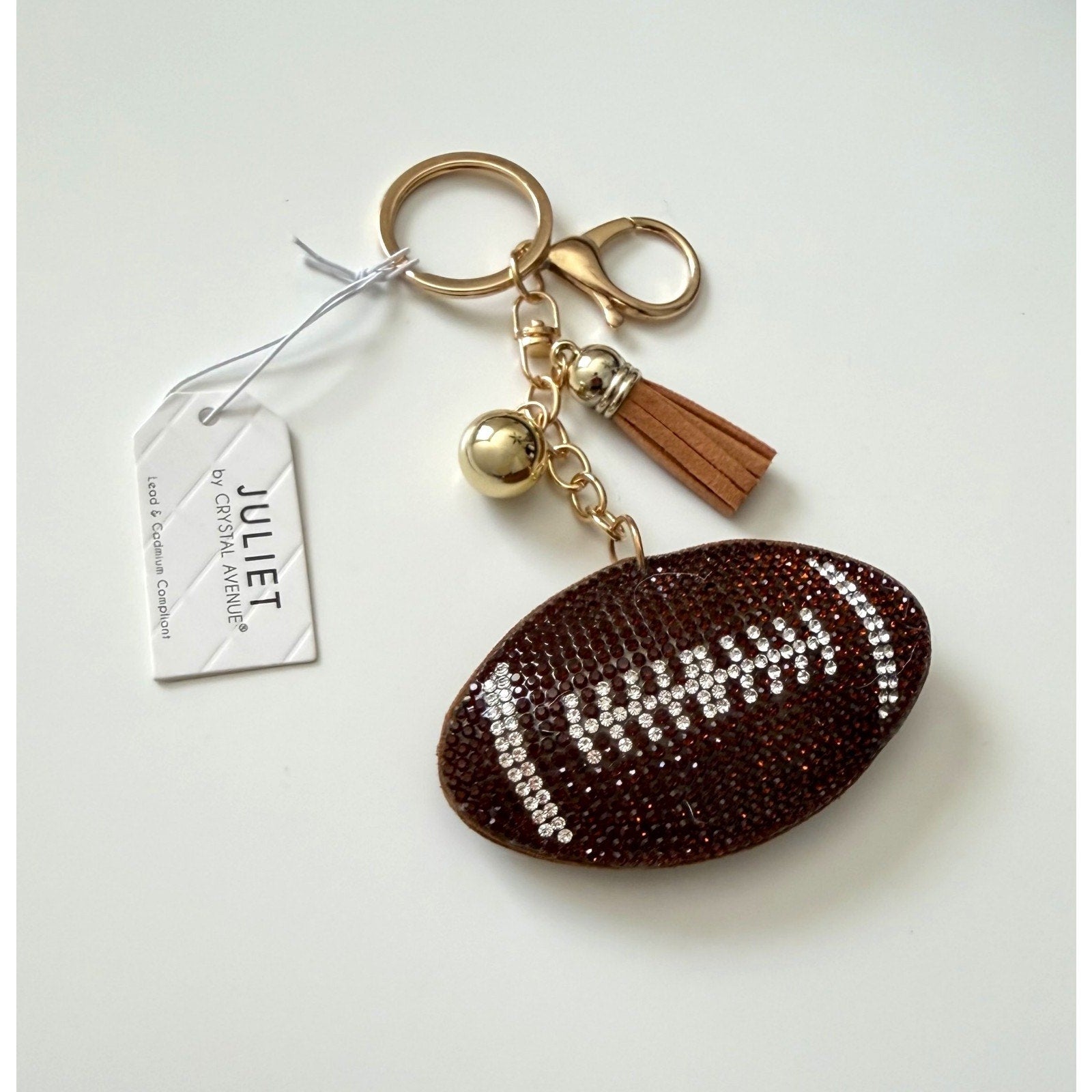 Juliet Crystal Avenue Football Key Chain/Bag Charm - Brown & White NWT