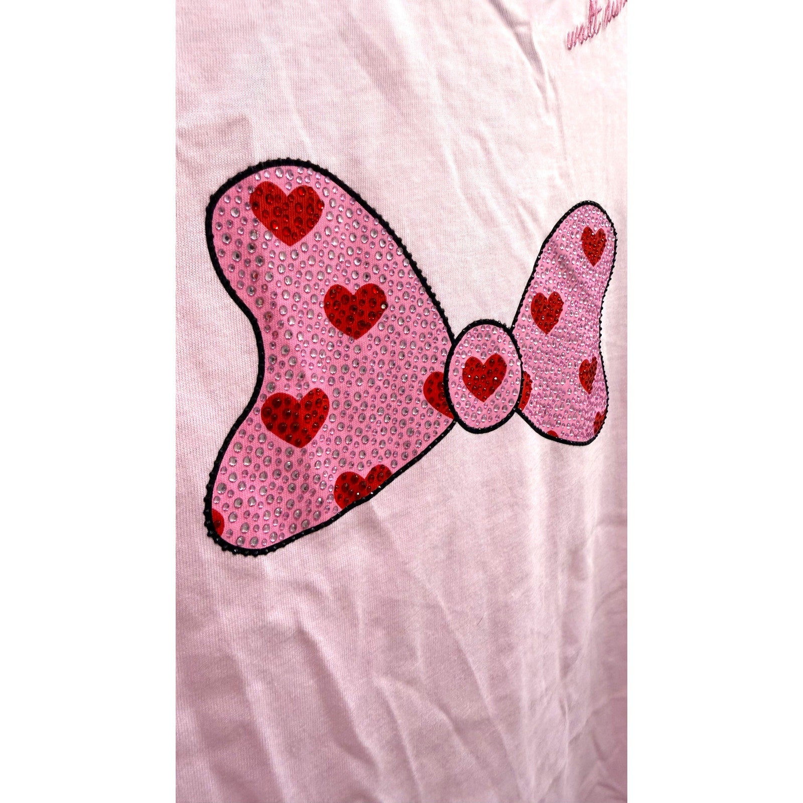 Disney Parks Women's Minnie Mouse Sequin Bow & Hearts Pink T-Shirt Large NWT