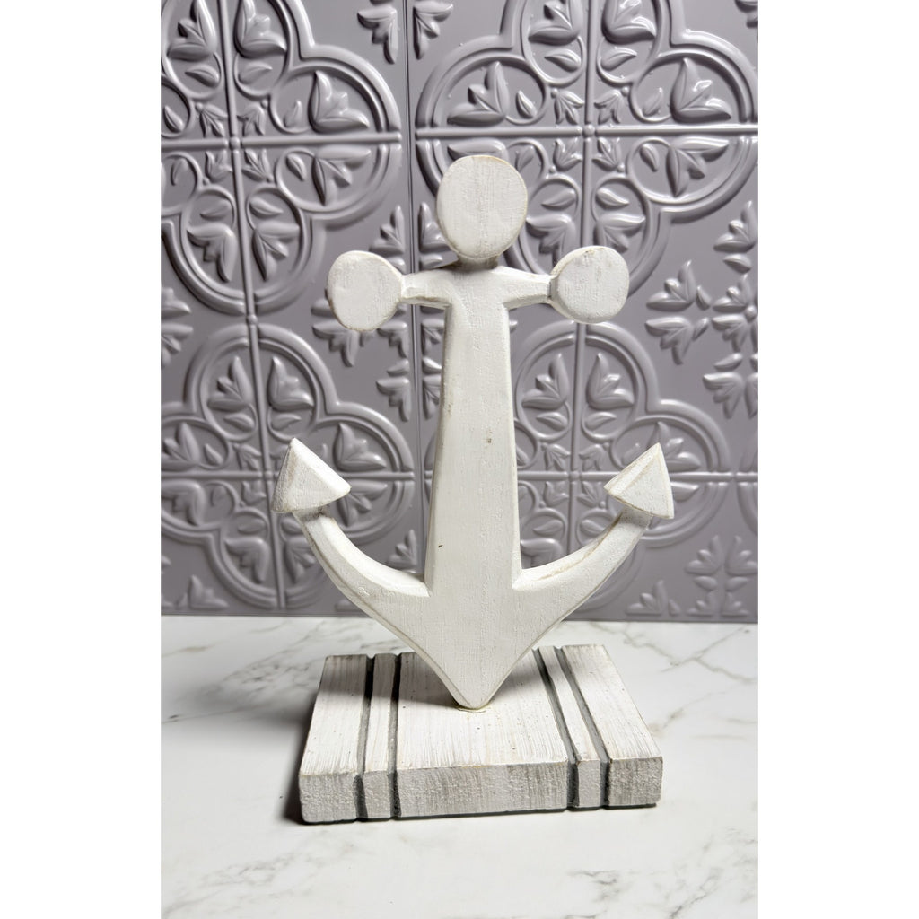 Teak Wood Anchor Coastal Sculpture White Table Decor