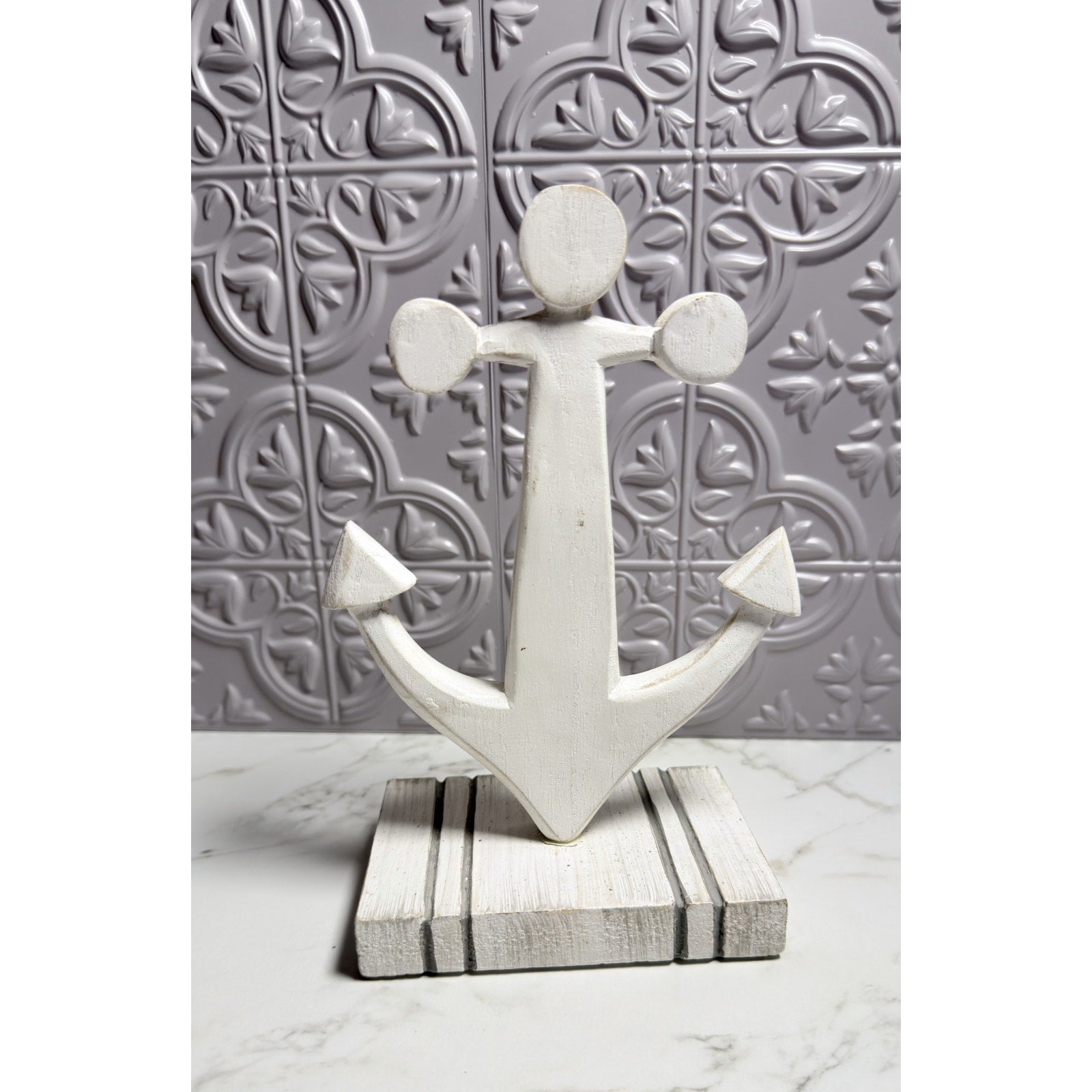 Teak Wood Anchor Coastal Sculpture White Table Decor