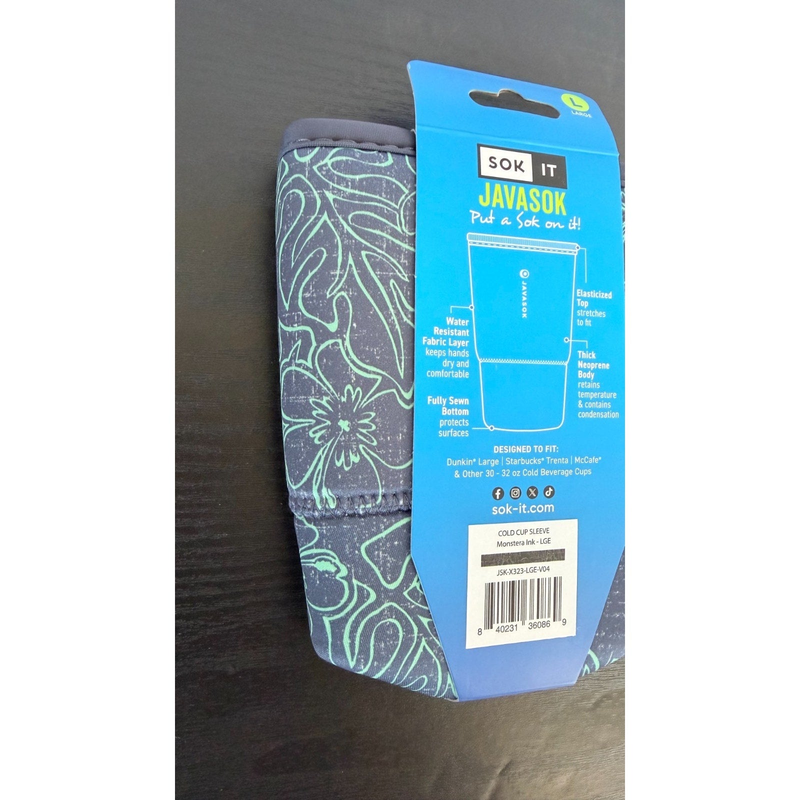 JavaSok "Monstera" Iced Coffee Sleeve - Large 30-32oz NWT