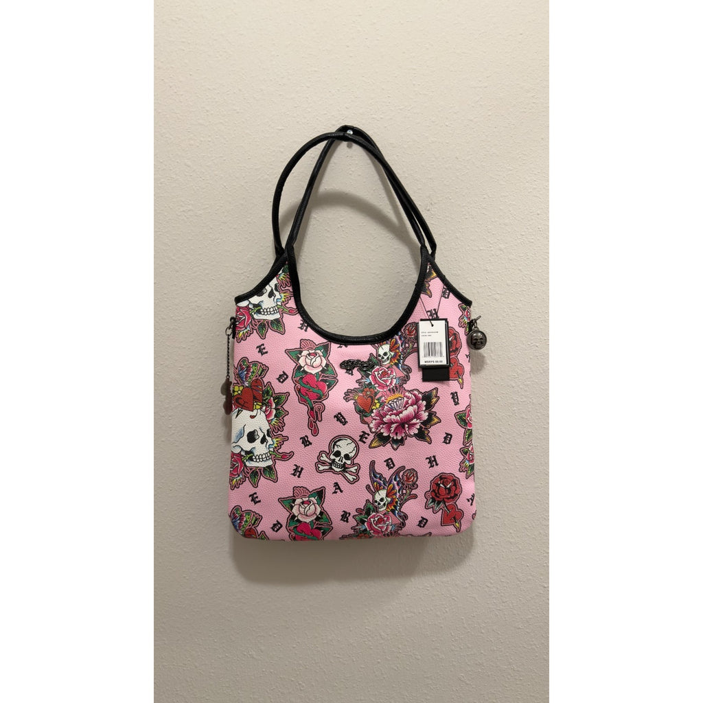 NWT Ed Hardy Pink Skull & Floral Tote Bag with Matching Umbrella Set