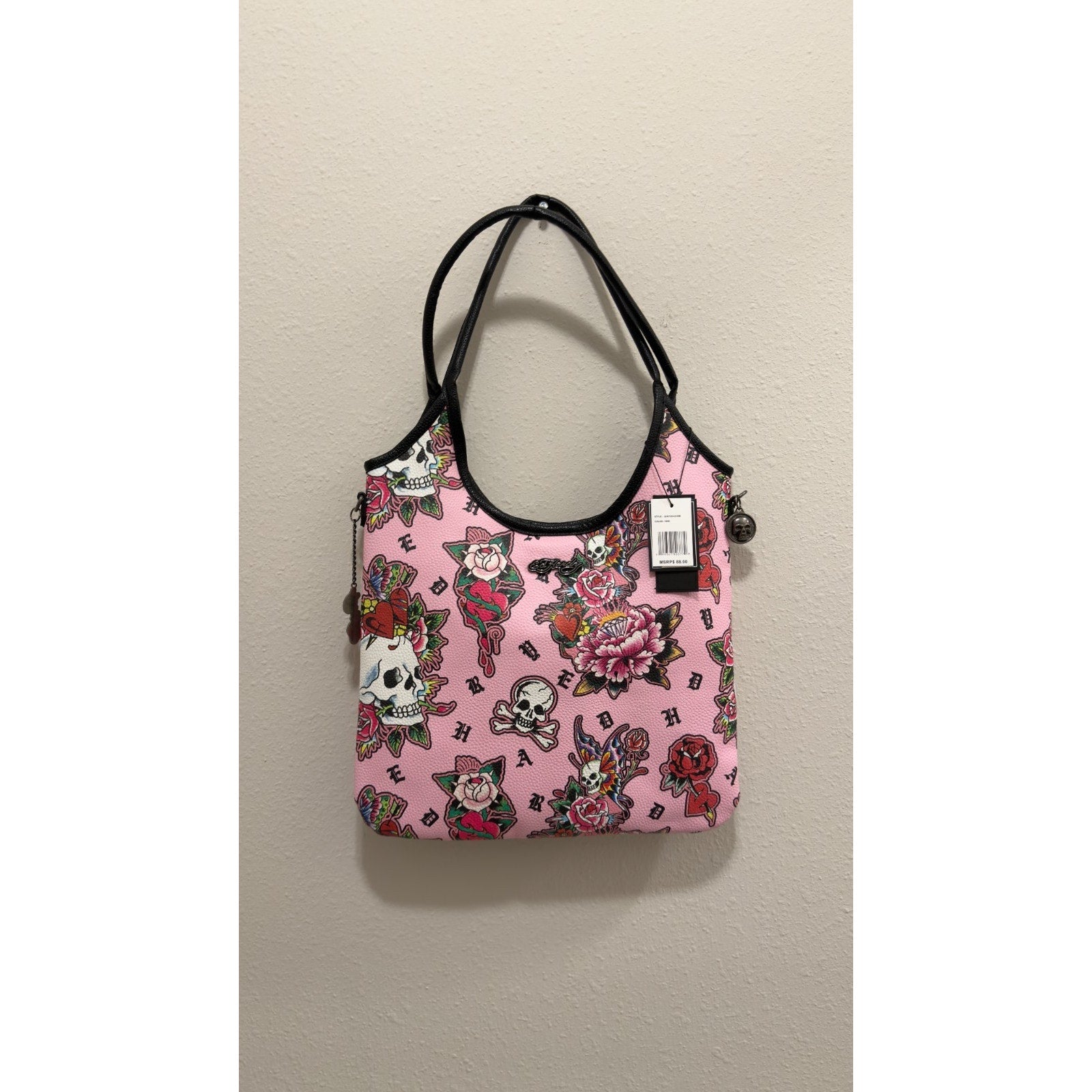 NWT Ed Hardy Pink Skull & Floral Tote Bag with Matching Umbrella Set