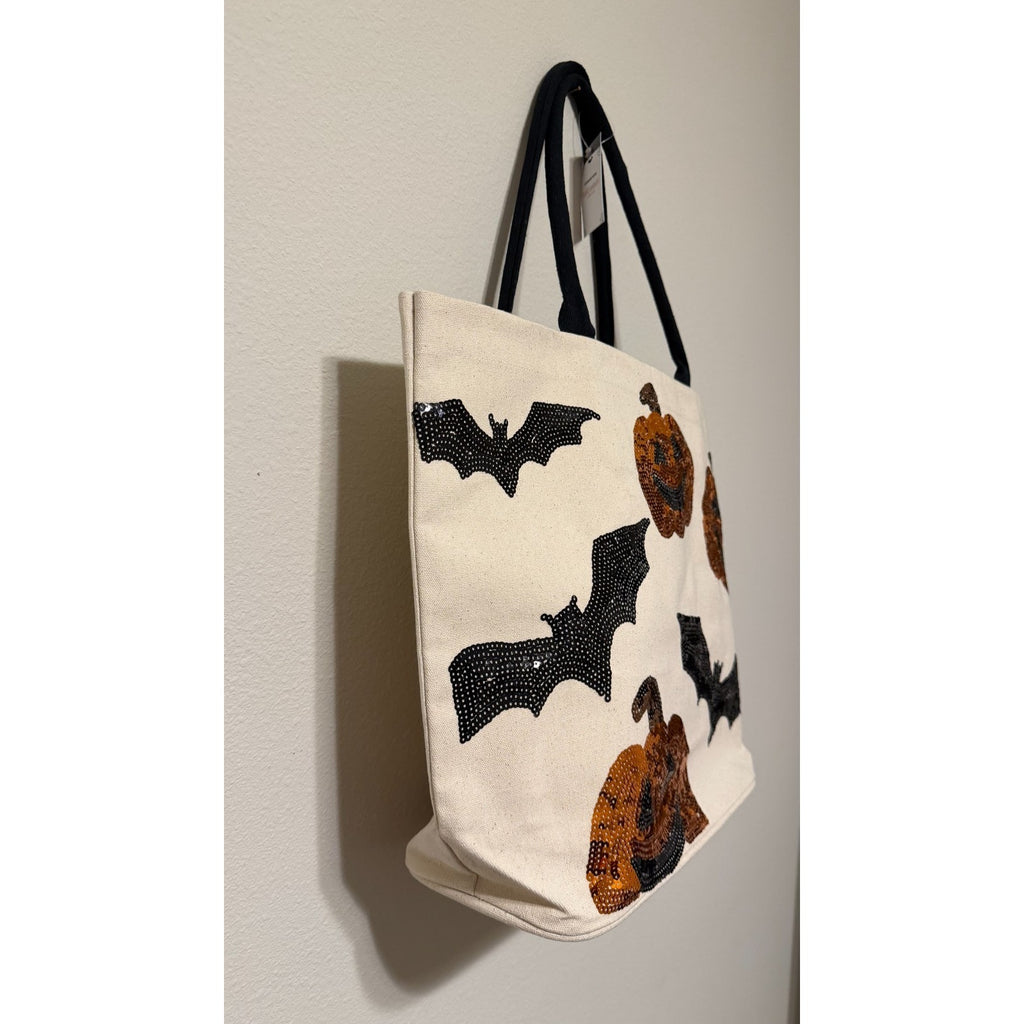 NWT Kirkland's Halloween Sequin Pumpkins & Bats Canvas Tote Bag