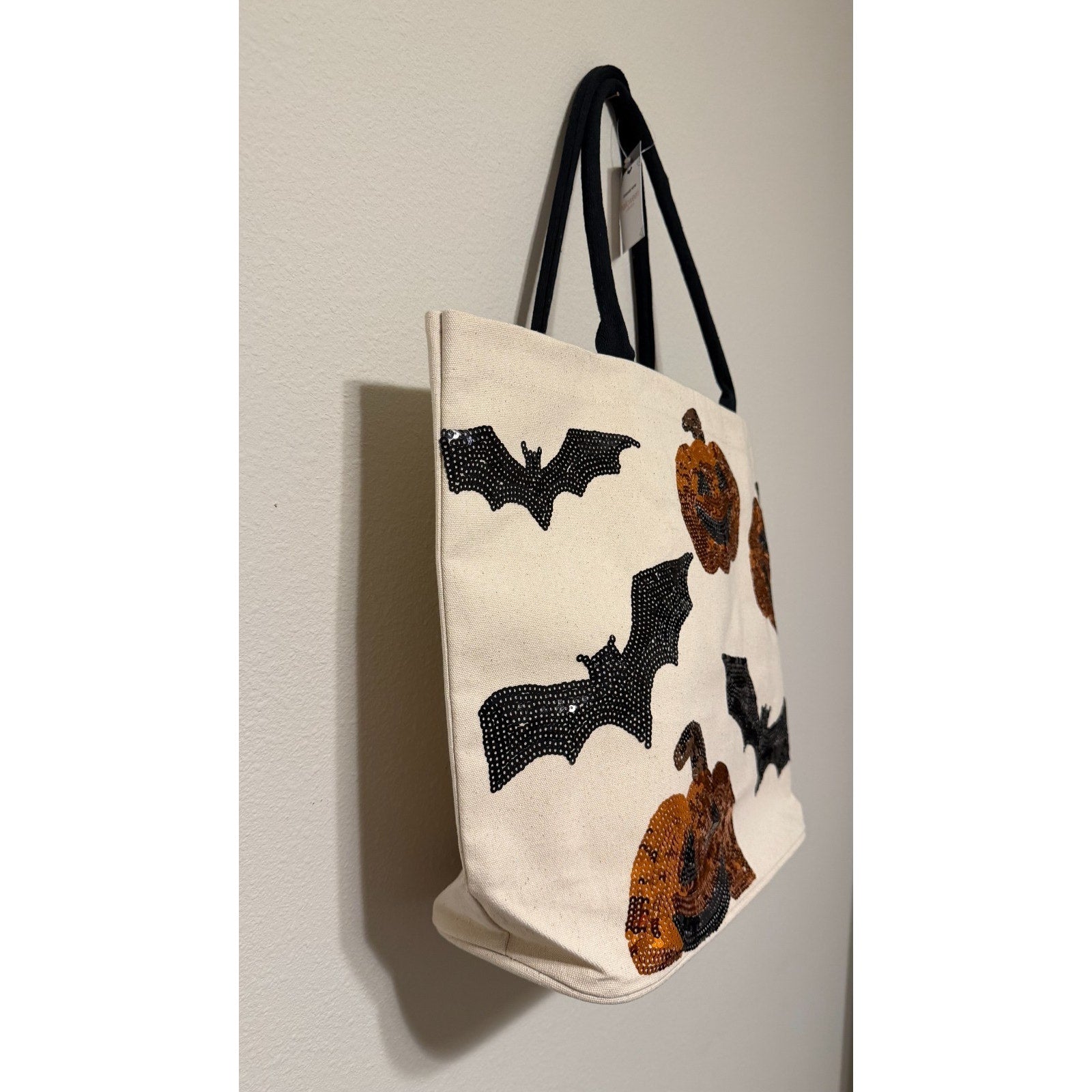 NWT Kirkland's Halloween Sequin Pumpkins & Bats Canvas Tote Bag