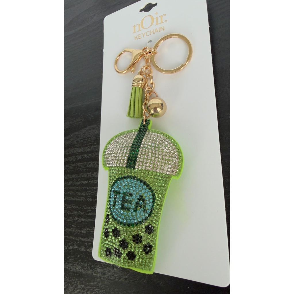 Bling Rhinestone Green Boba Tea Puffy Keychain - Tassel Bag Charm - NEW